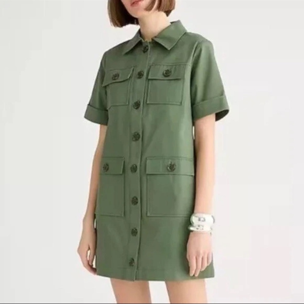 J Crew Gamine Button Down Shirt Dress Olive Stretch Twill Size 0 NWOT